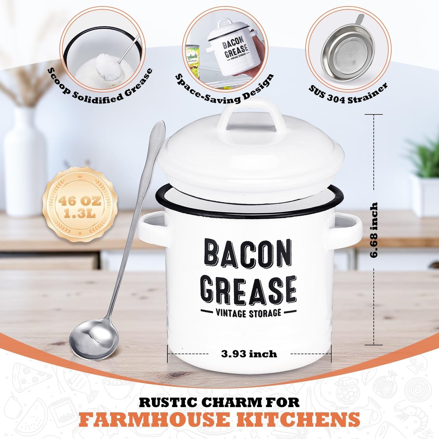 Charming Farmhouse Bacon Grease Storage Canister - 46 oz Dishwasher Safe with Strainer and Spoon for Effortless Cooking