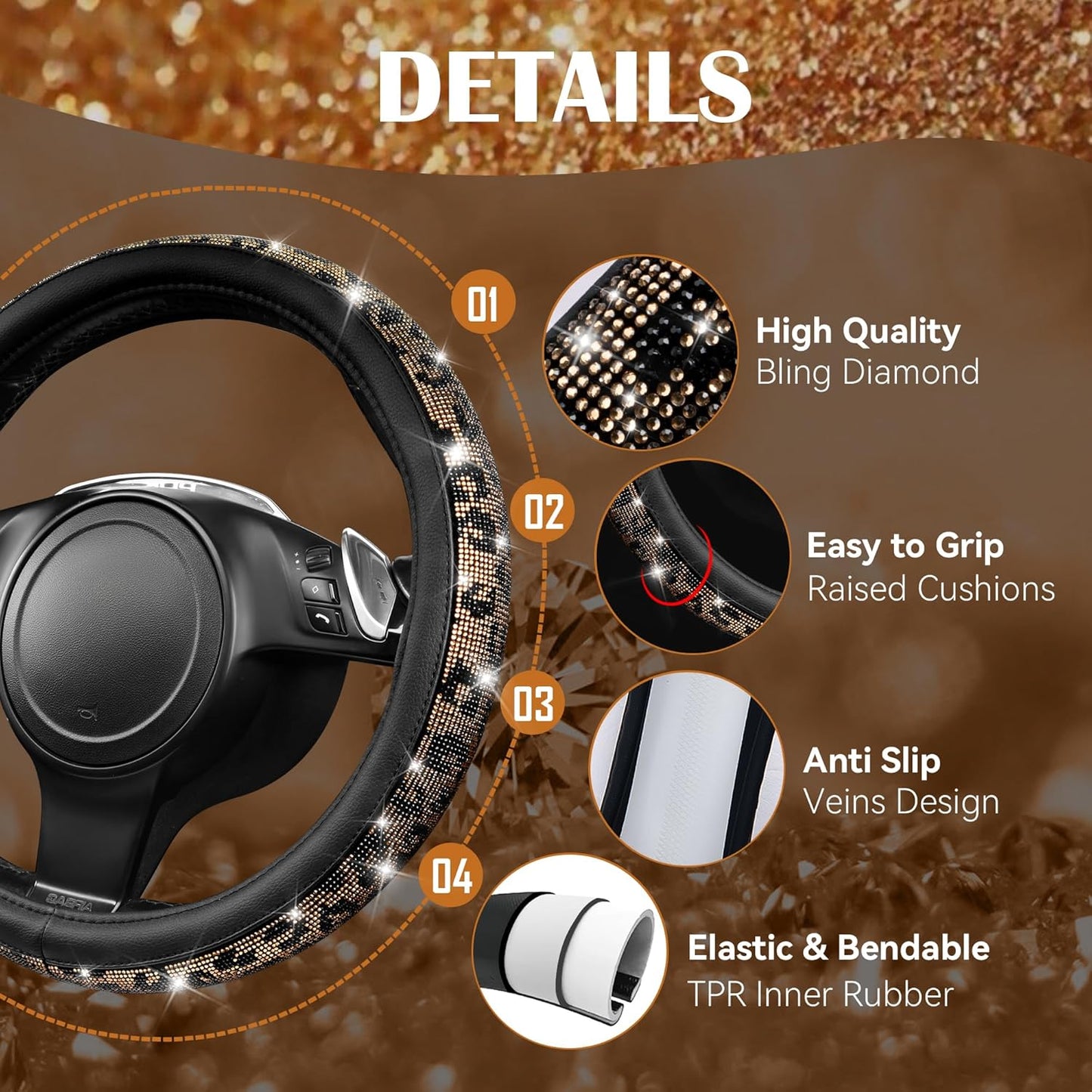 Glamorous Leopard Diamond Steering Wheel Cover - Sparkling Rhinestones & Luxurious Black Leather for Cars, SUVs, and Trucks (Fits 14.5"-15")