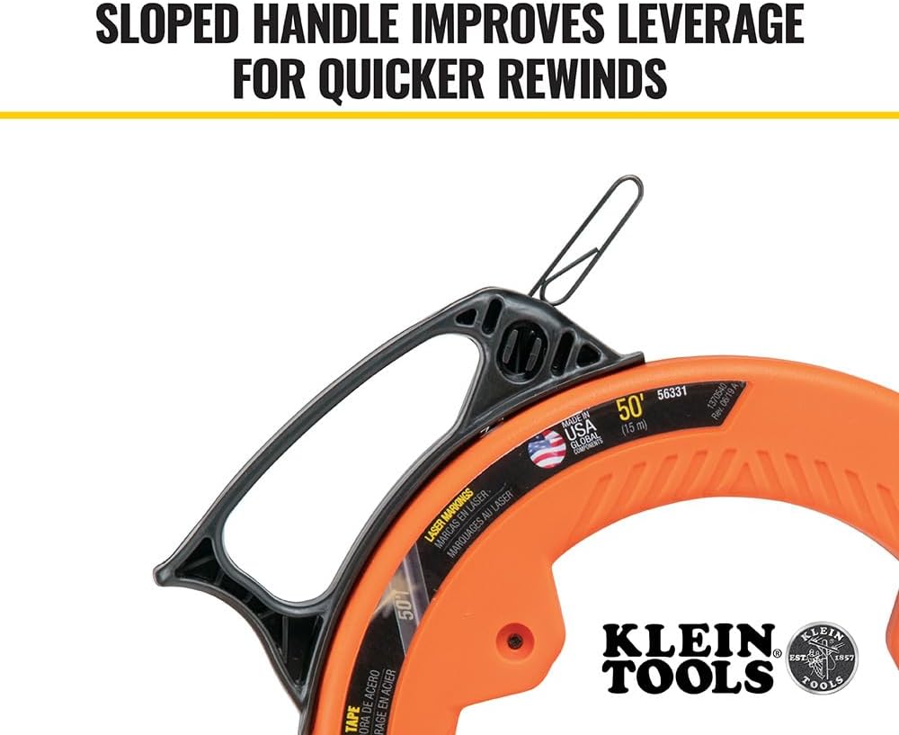 Klein Tools 50-Foot Steel Wire Fish Tape - Durable, Flexible, and Easy-to-Use with Enhanced Grip and Precision Markings