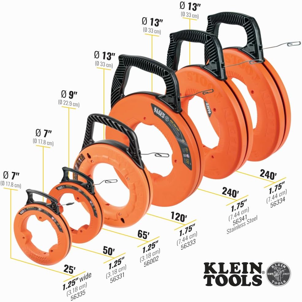 Klein Tools 50-Foot Steel Wire Fish Tape - Durable, Flexible, and Easy-to-Use with Enhanced Grip and Precision Markings