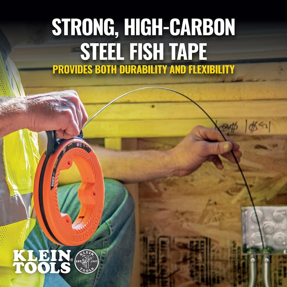 Klein Tools 50-Foot Steel Wire Fish Tape - Durable, Flexible, and Easy-to-Use with Enhanced Grip and Precision Markings