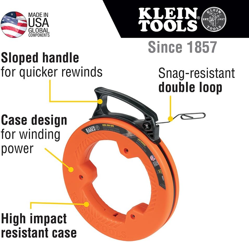 Klein Tools 50-Foot Steel Wire Fish Tape - Durable, Flexible, and Easy-to-Use with Enhanced Grip and Precision Markings