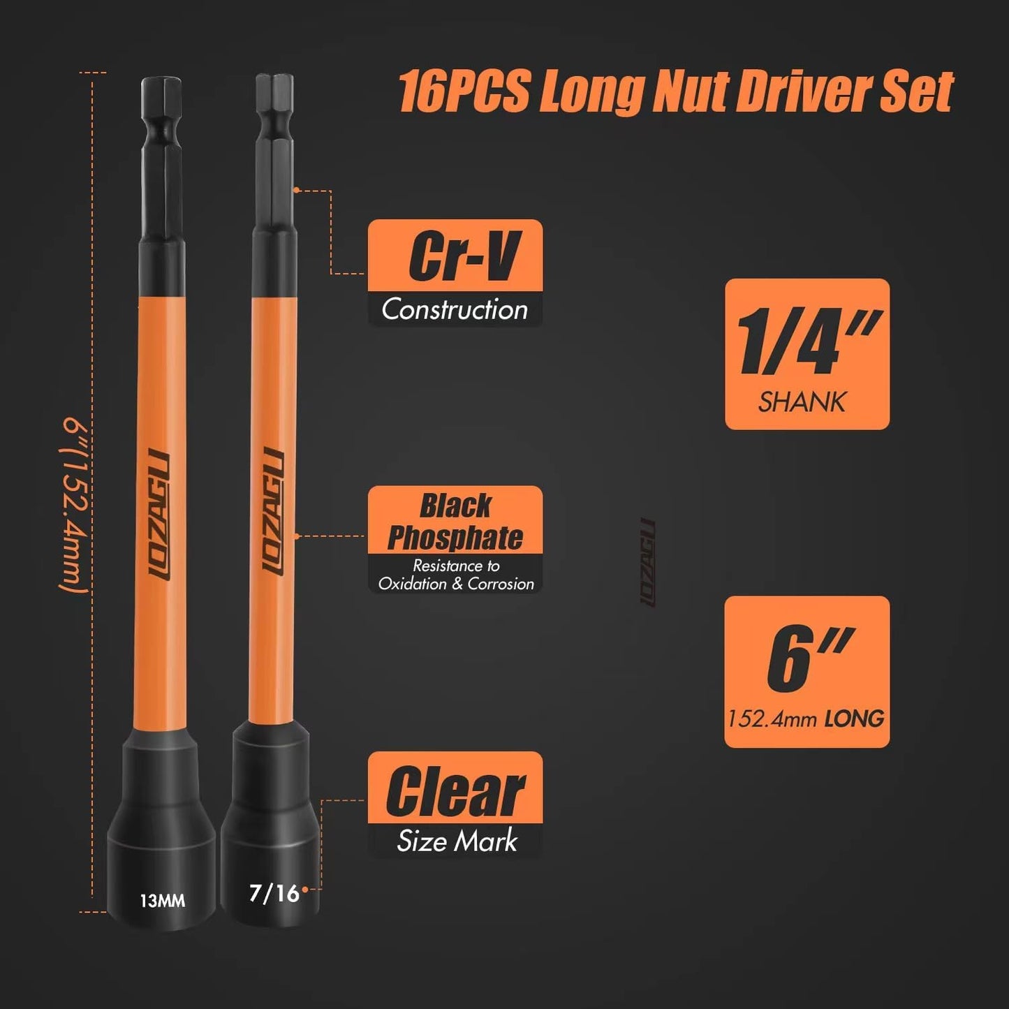 Ultimate 16-Piece Long Magnetic Nut Driver Set for Impact Drills - Versatile SAE & Metric Sizes with Durable Cr-V Steel Construction