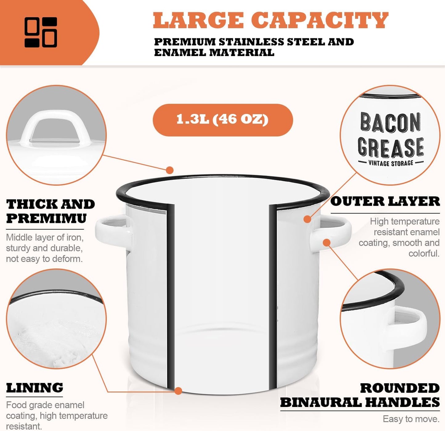Charming Farmhouse Bacon Grease Storage Canister - 46 oz Dishwasher Safe with Strainer and Spoon for Effortless Cooking