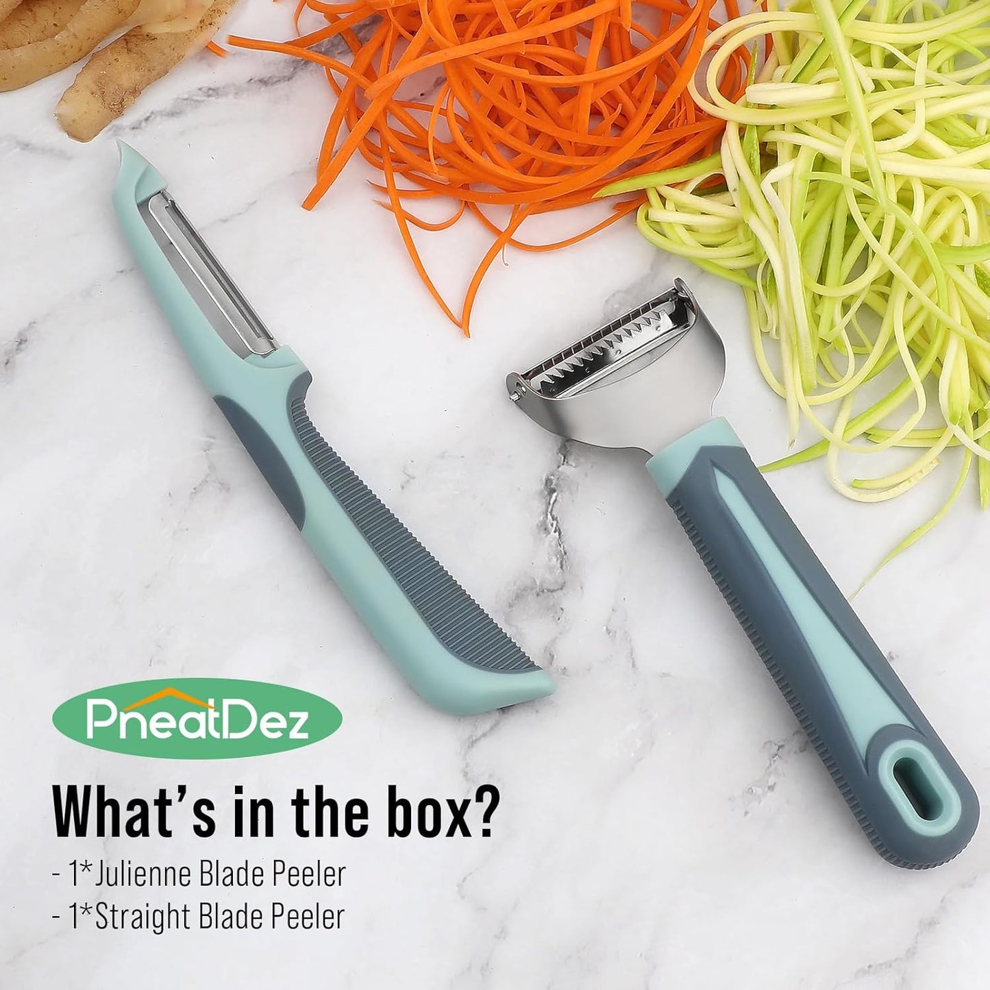 Transform Your Cooking with Our 2-Piece Julienne Peeler Set - Ergonomic Silicone Grip & Dual Blade Design for Effortless Vegetable Prep!