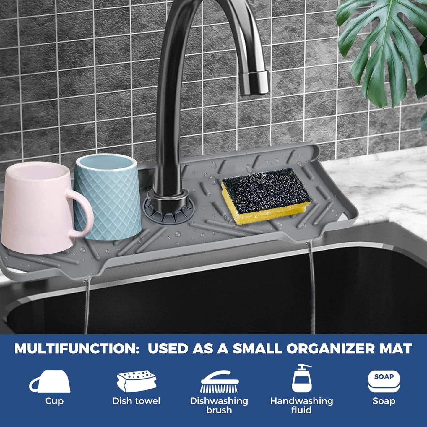 Transform Your Kitchen with the Stylish Silicone Faucet Handle Drip Catcher Tray Mat - The Ultimate Splash Guard and Sponge Holder in Grey