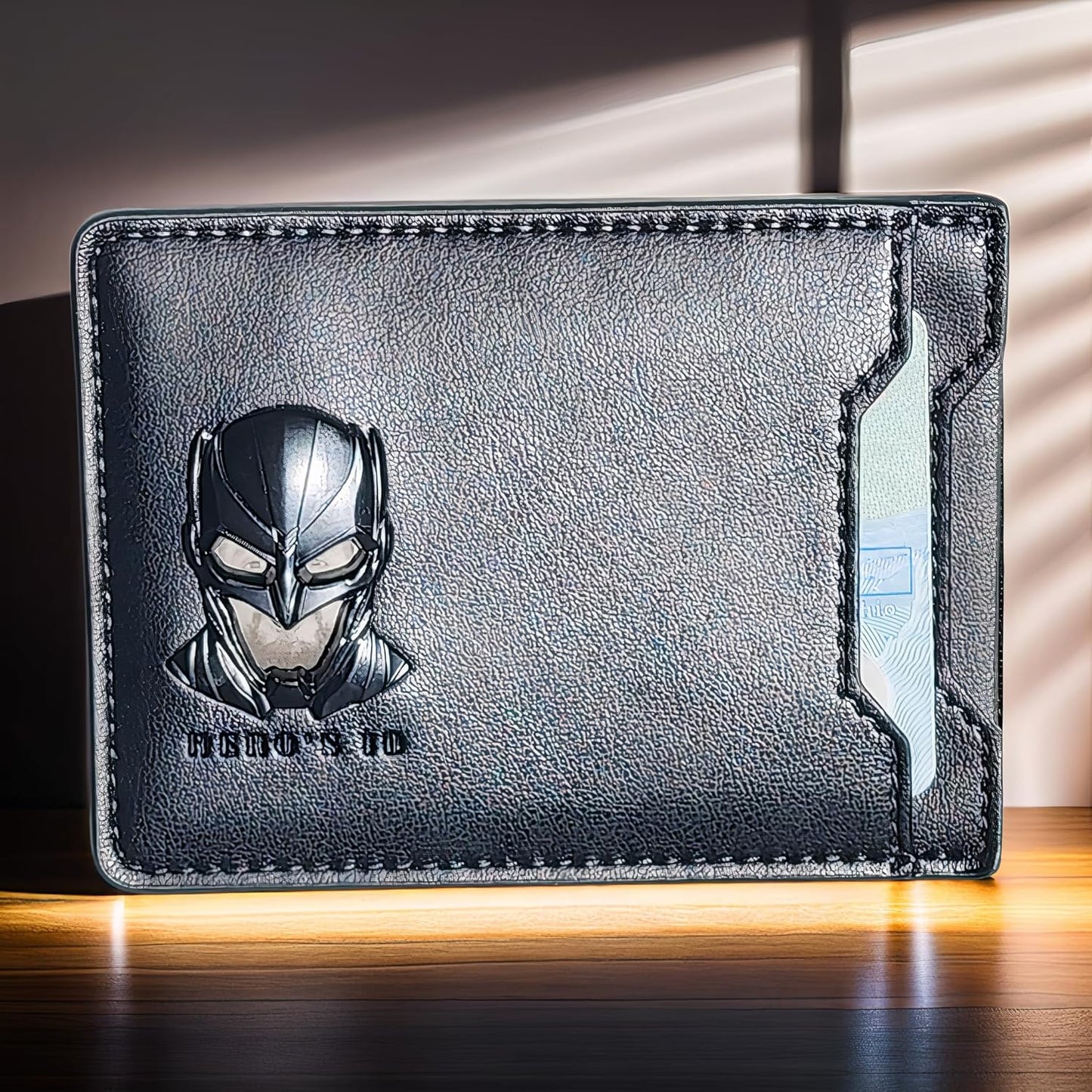 Stylish and Durable RFID Protected Leather Bi-Fold Wallet for Men and Women - Brown with Unique 3D Superhero Mask Design and 2 Card Slots