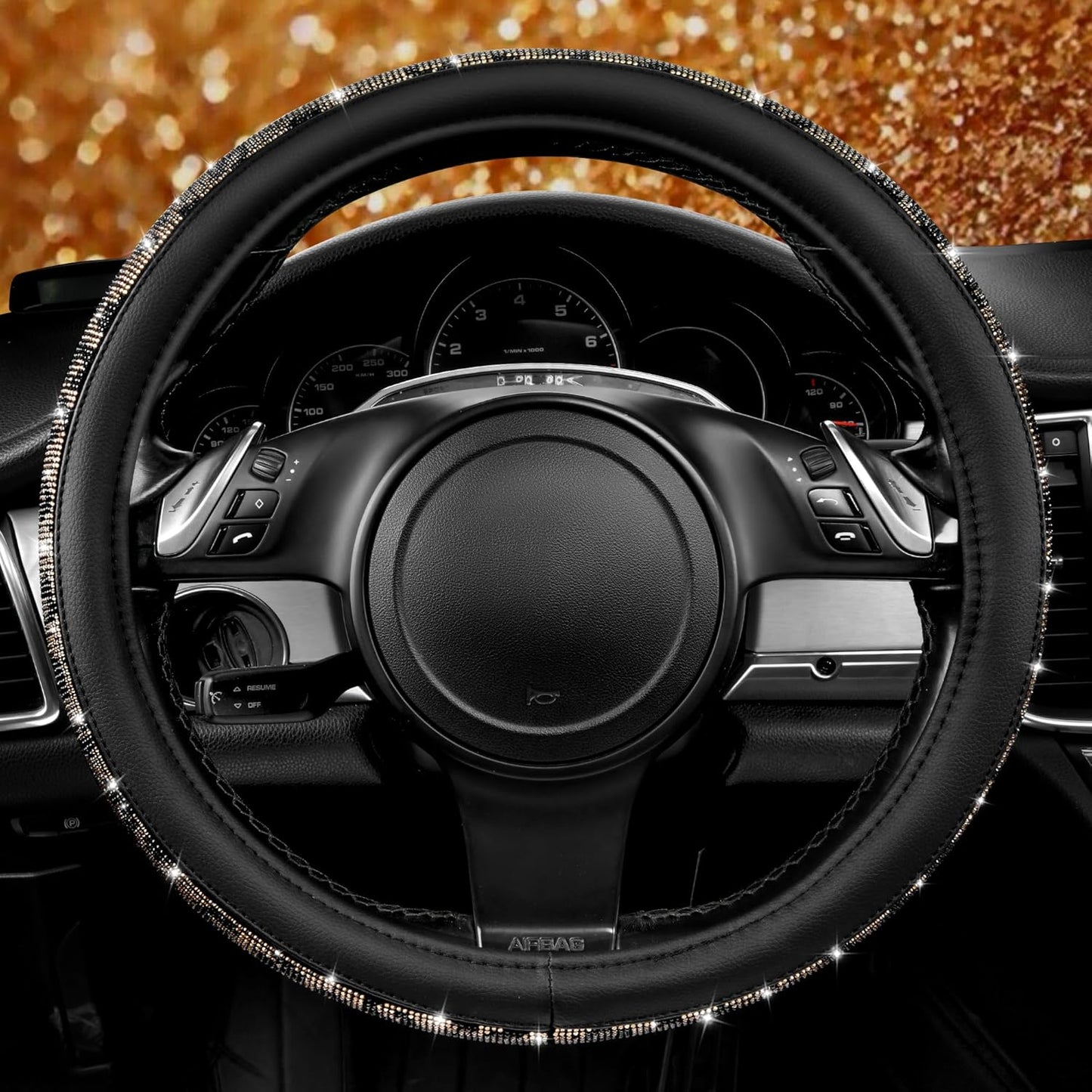 Glamorous Leopard Diamond Steering Wheel Cover - Sparkling Rhinestones & Luxurious Black Leather for Cars, SUVs, and Trucks (Fits 14.5"-15")
