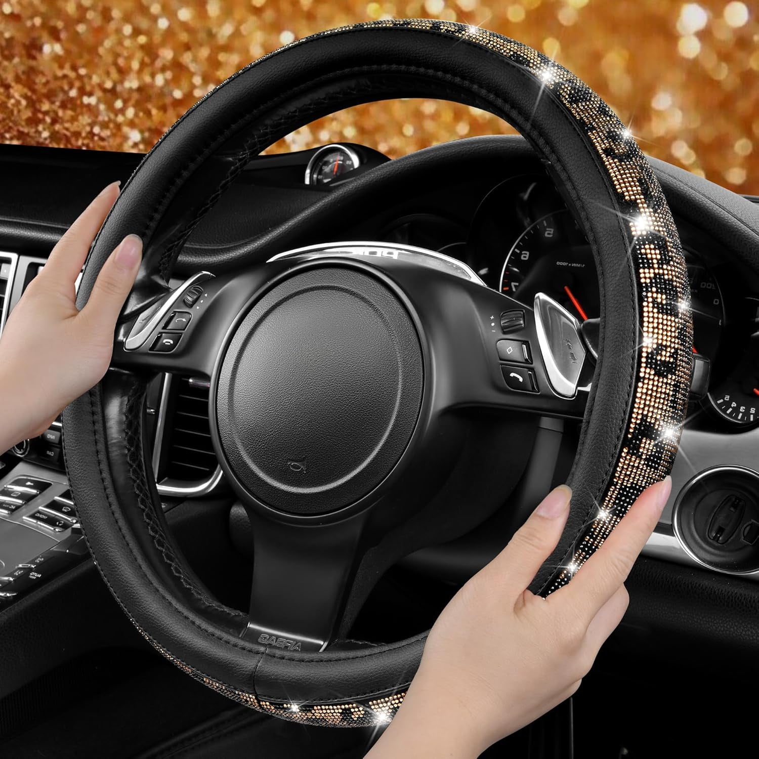 Glamorous Leopard Diamond Steering Wheel Cover - Sparkling Rhinestones & Luxurious Black Leather for Cars, SUVs, and Trucks (Fits 14.5"-15")