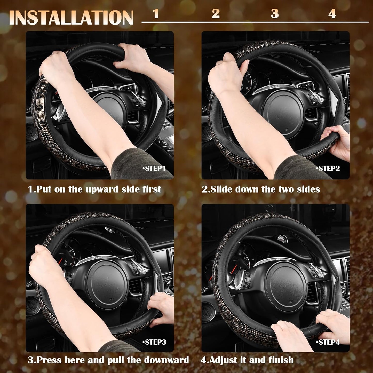 Glamorous Leopard Diamond Steering Wheel Cover - Sparkling Rhinestones & Luxurious Black Leather for Cars, SUVs, and Trucks (Fits 14.5"-15")