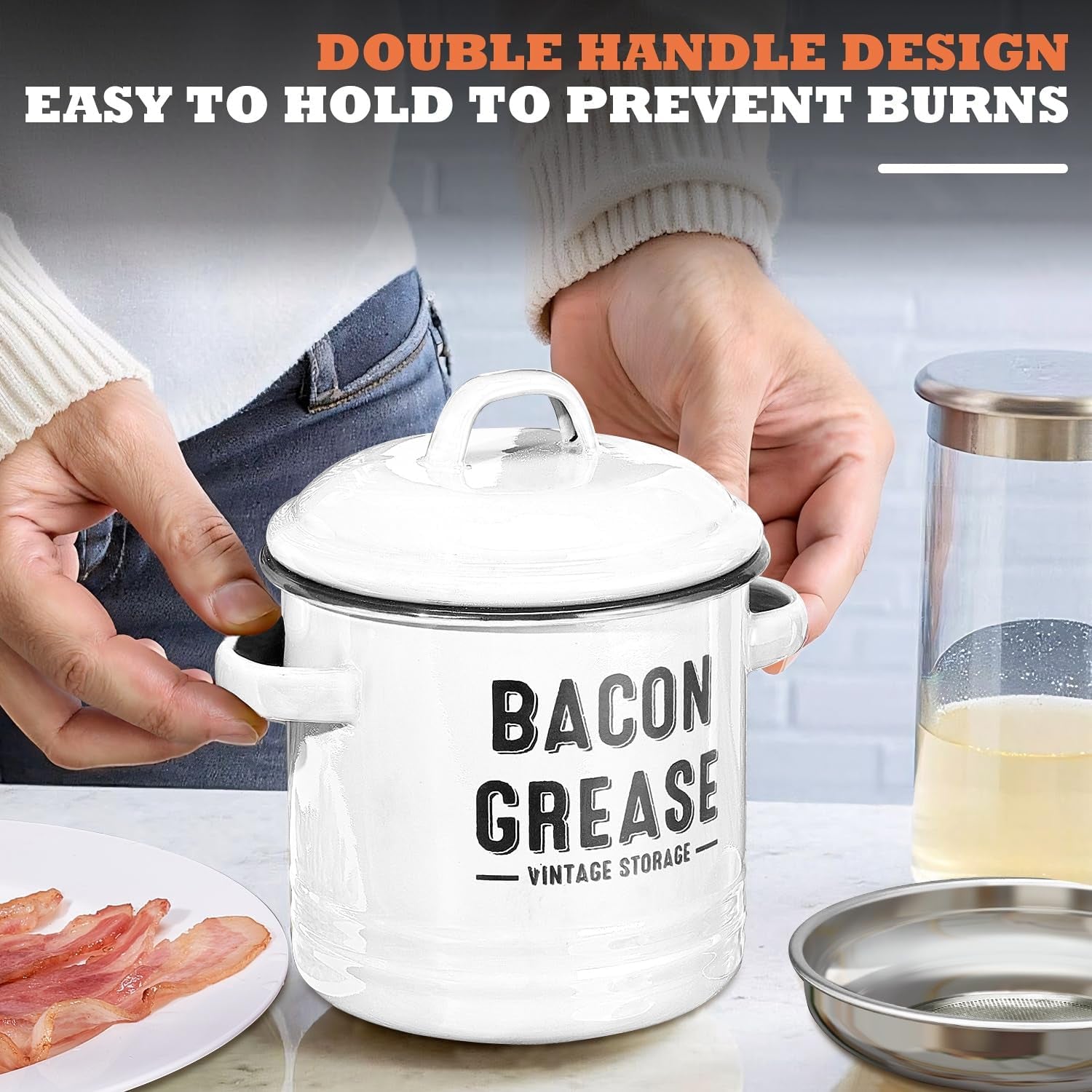 Charming Farmhouse Bacon Grease Storage Canister - 46 oz Dishwasher Safe with Strainer and Spoon for Effortless Cooking