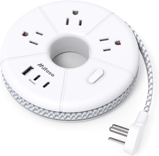 5FT Flat Extension Cord with USB C Power Strip - Your Ultimate Travel Companion with 3 AC Outlets & 3 USB Ports for Effortless Charging in Dorms, Nightstands, and on the Go