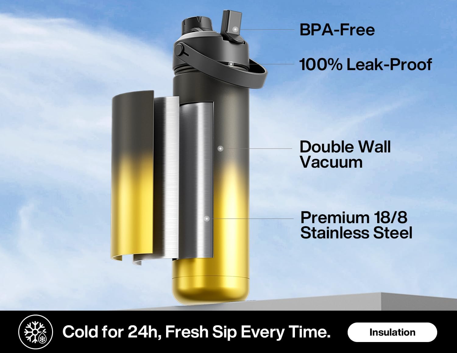 Stay Refreshed Anywhere: 26 oz Insulated Stainless Steel Water Bottle with Versatile 2-in-1 Lid - Perfect for Sports, Travel, and Everyday Adventures (King)