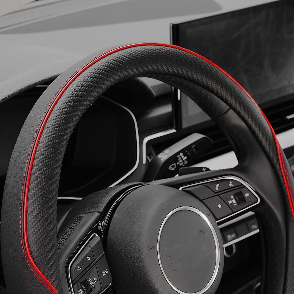Transform Your Drive with Our Premium Soft Microfiber Leather Anti-Slip Steering Wheel Cover - Universal 15 Inch Fit for All Cars, SUVs, Vans, and Trucks in Sleek Black with Eye-Catching Red Accent