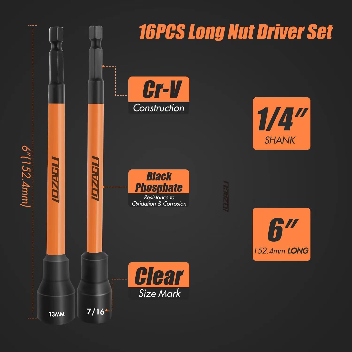Ultimate 16-Piece Long Magnetic Nut Driver Set for Impact Drills - Versatile SAE & Metric Sizes with Durable Cr-V Steel Construction