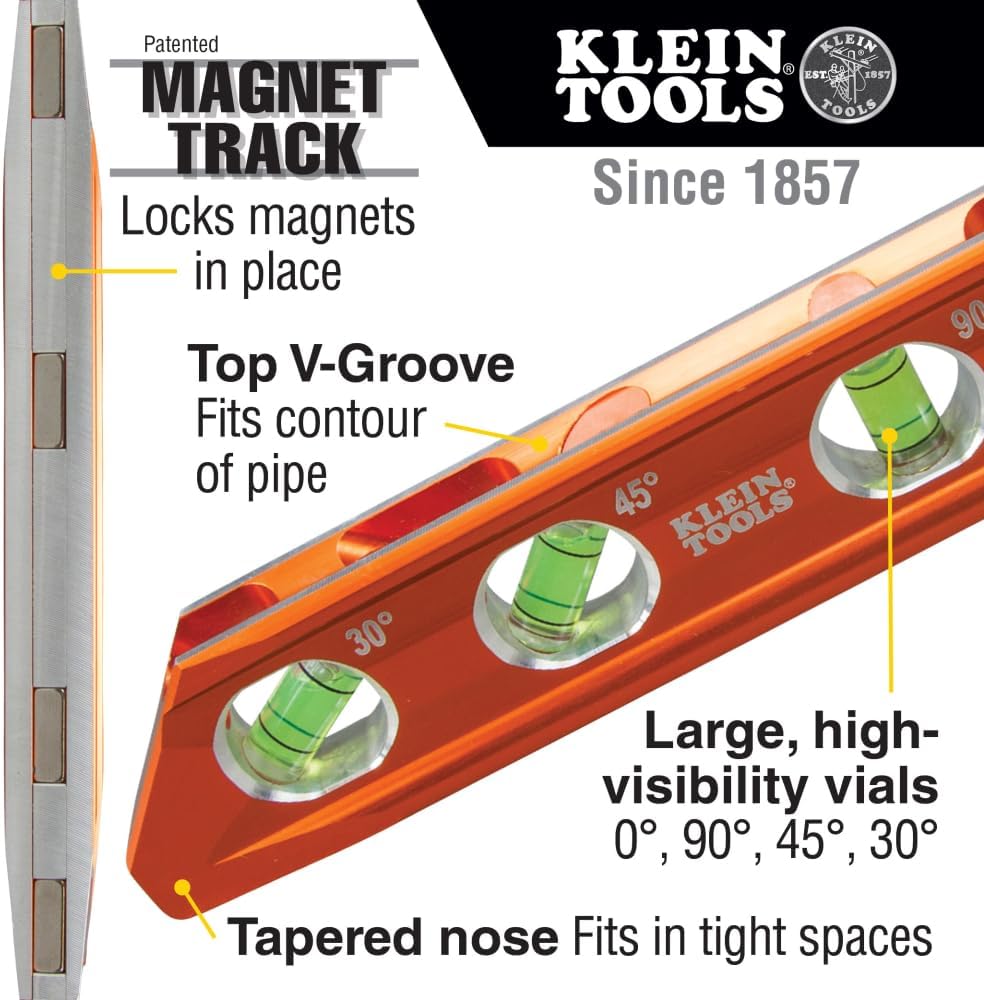 Klein Tools 935AB4V 6-Inch Magnetic Torpedo Level - Precision Measuring with Patented Magnet Track and High-Visibility Design