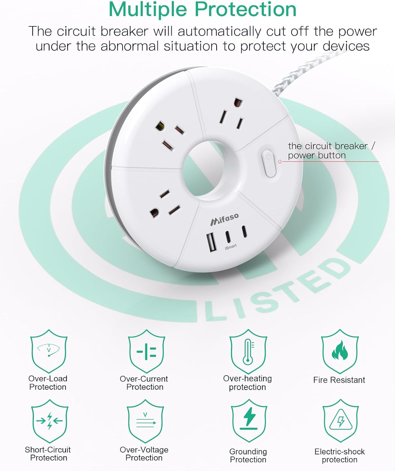 5FT Flat Extension Cord with USB C Power Strip - Your Ultimate Travel Companion with 3 AC Outlets & 3 USB Ports for Effortless Charging in Dorms, Nightstands, and on the Go