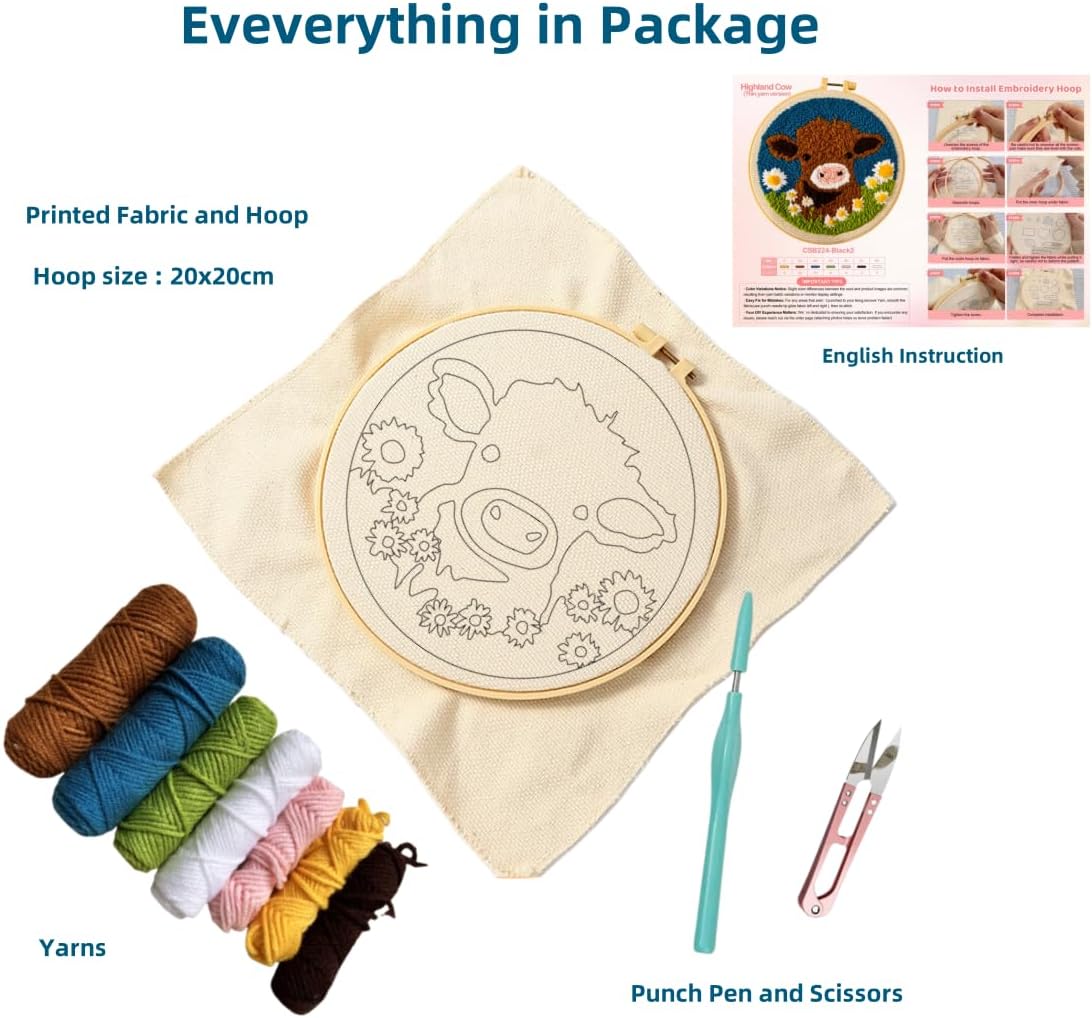Create Beautiful Art with Our Beginner-Friendly DIY Punch Needle Kit - Cartoon Highland Cow with Daisy Flower - Perfect for Adults and Kids, Ideal for Gifts and Home Décor (20x20 cm)
