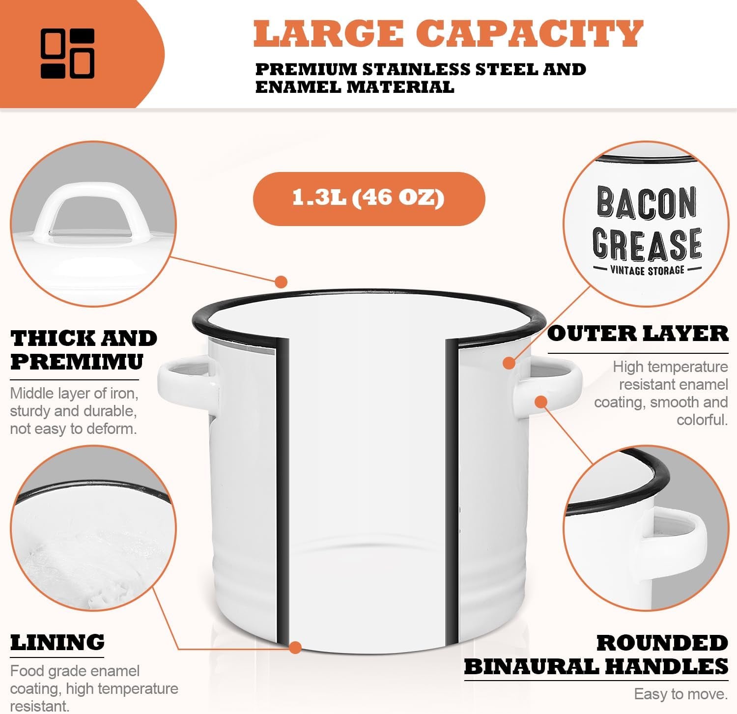 Charming Farmhouse Bacon Grease Storage Canister - 46 oz Dishwasher Safe with Strainer and Spoon for Effortless Cooking