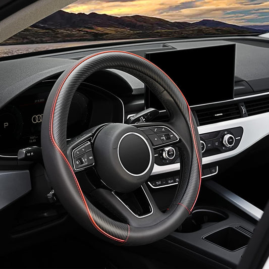 Transform Your Drive with Our Premium Soft Microfiber Leather Anti-Slip Steering Wheel Cover - Universal 15 Inch Fit for All Cars, SUVs, Vans, and Trucks in Sleek Black with Eye-Catching Red Accent