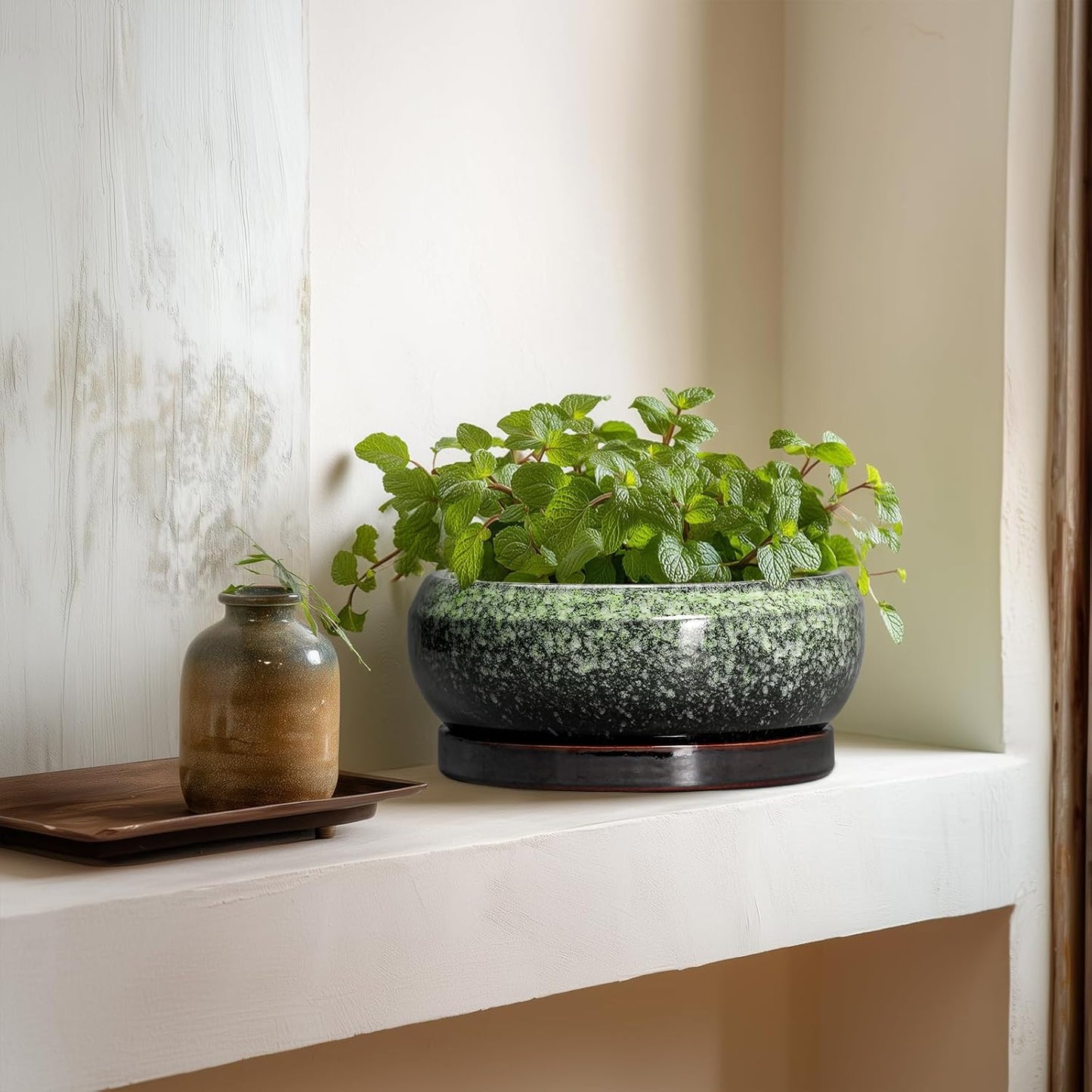 Transform Your Space with Our Elegant 8-Inch Retro Green Ceramic Bonsai Pot - Ideal for Succulents and Indoor/Outdoor Decor, Complete with Drainage and Saucer