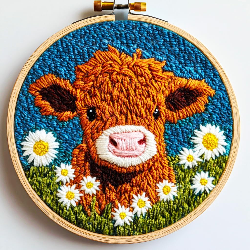 Create Beautiful Art with Our Beginner-Friendly DIY Punch Needle Kit - Cartoon Highland Cow with Daisy Flower - Perfect for Adults and Kids, Ideal for Gifts and Home Décor (20x20 cm)