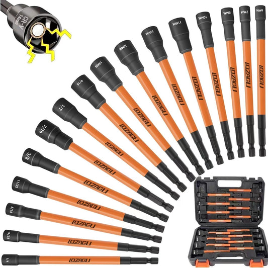 Ultimate 16-Piece Long Magnetic Nut Driver Set for Impact Drills - Versatile SAE & Metric Sizes with Durable Cr-V Steel Construction