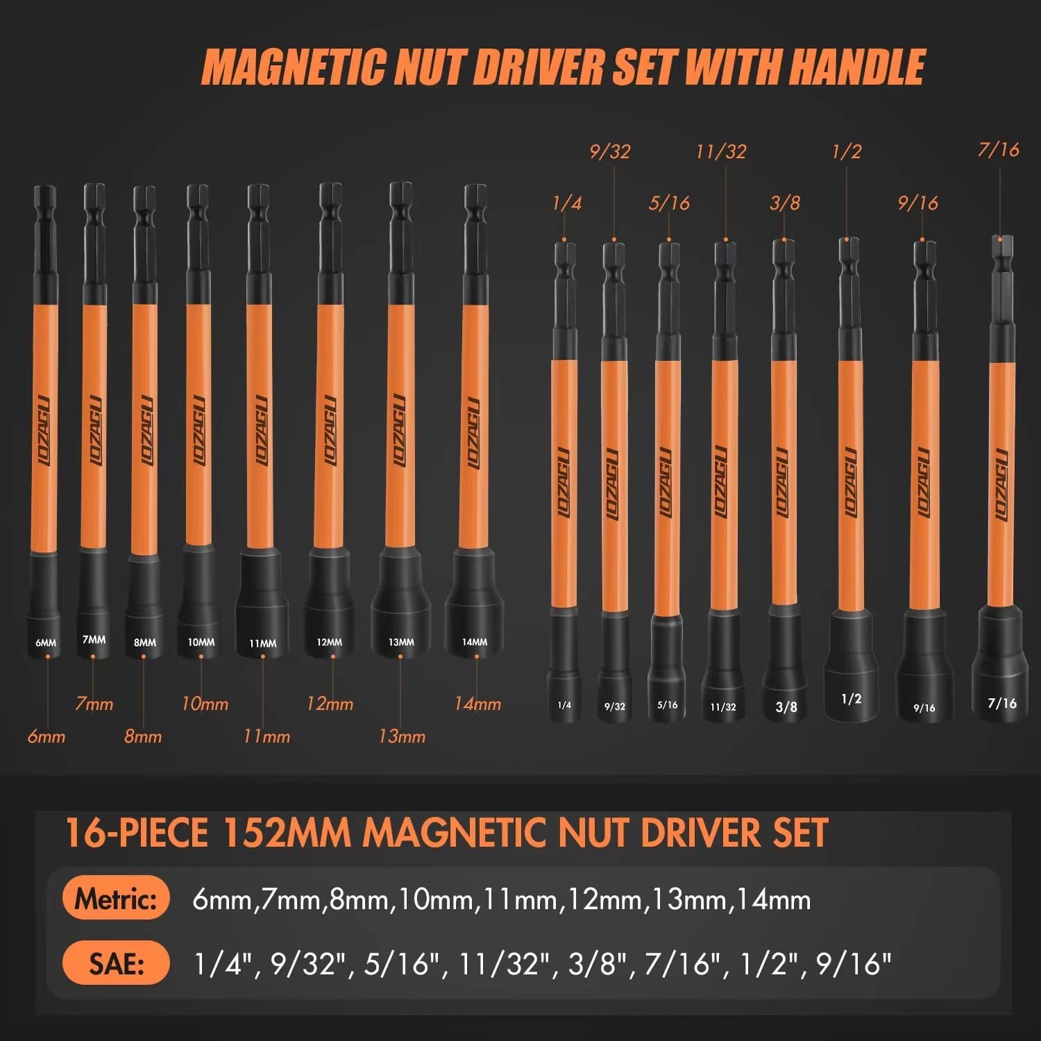 Ultimate 16-Piece Long Magnetic Nut Driver Set for Impact Drills - Versatile SAE & Metric Sizes with Durable Cr-V Steel Construction