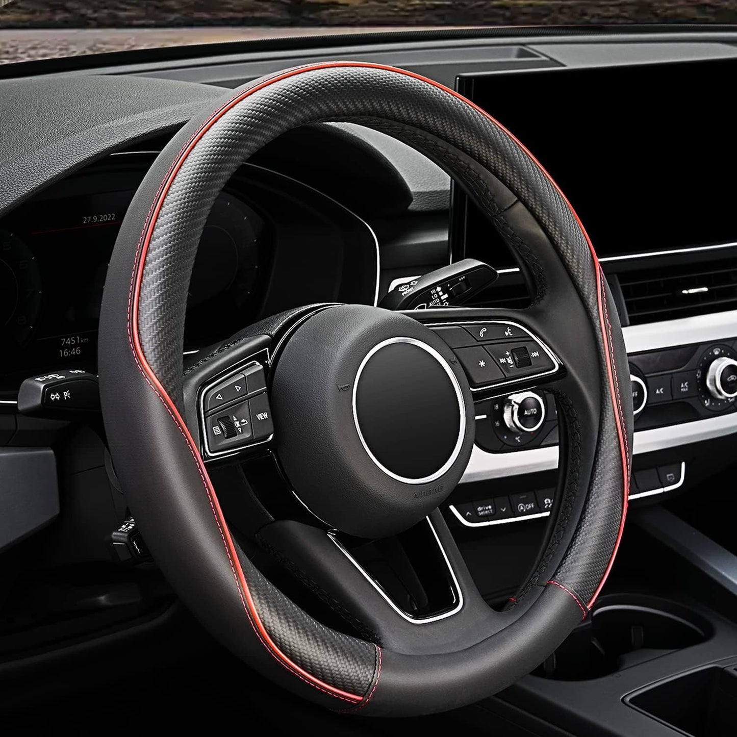 Transform Your Drive with Our Premium Soft Microfiber Leather Anti-Slip Steering Wheel Cover - Universal 15 Inch Fit for All Cars, SUVs, Vans, and Trucks in Sleek Black with Eye-Catching Red Accent