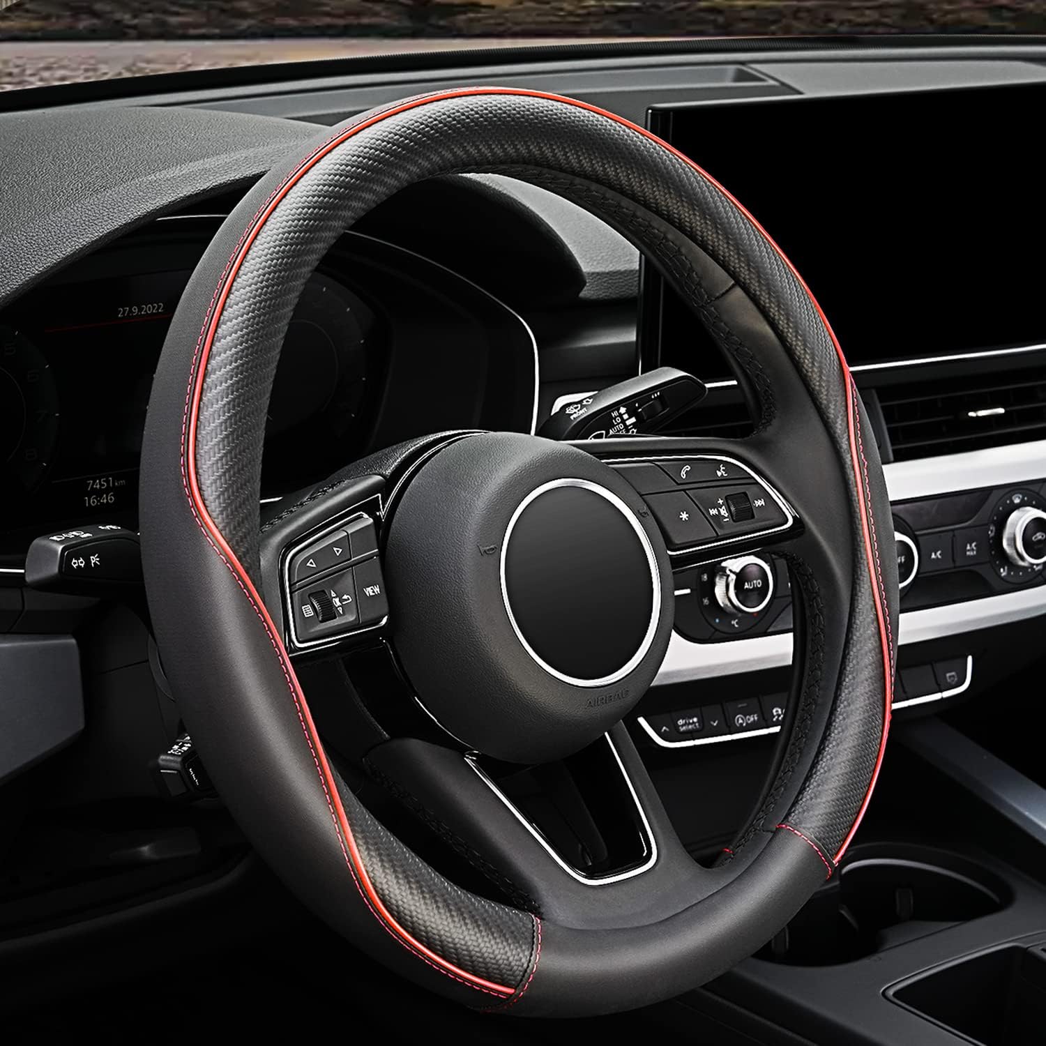 Transform Your Drive with Our Premium Soft Microfiber Leather Anti-Slip Steering Wheel Cover - Universal 15 Inch Fit for All Cars, SUVs, Vans, and Trucks in Sleek Black with Eye-Catching Red Accent