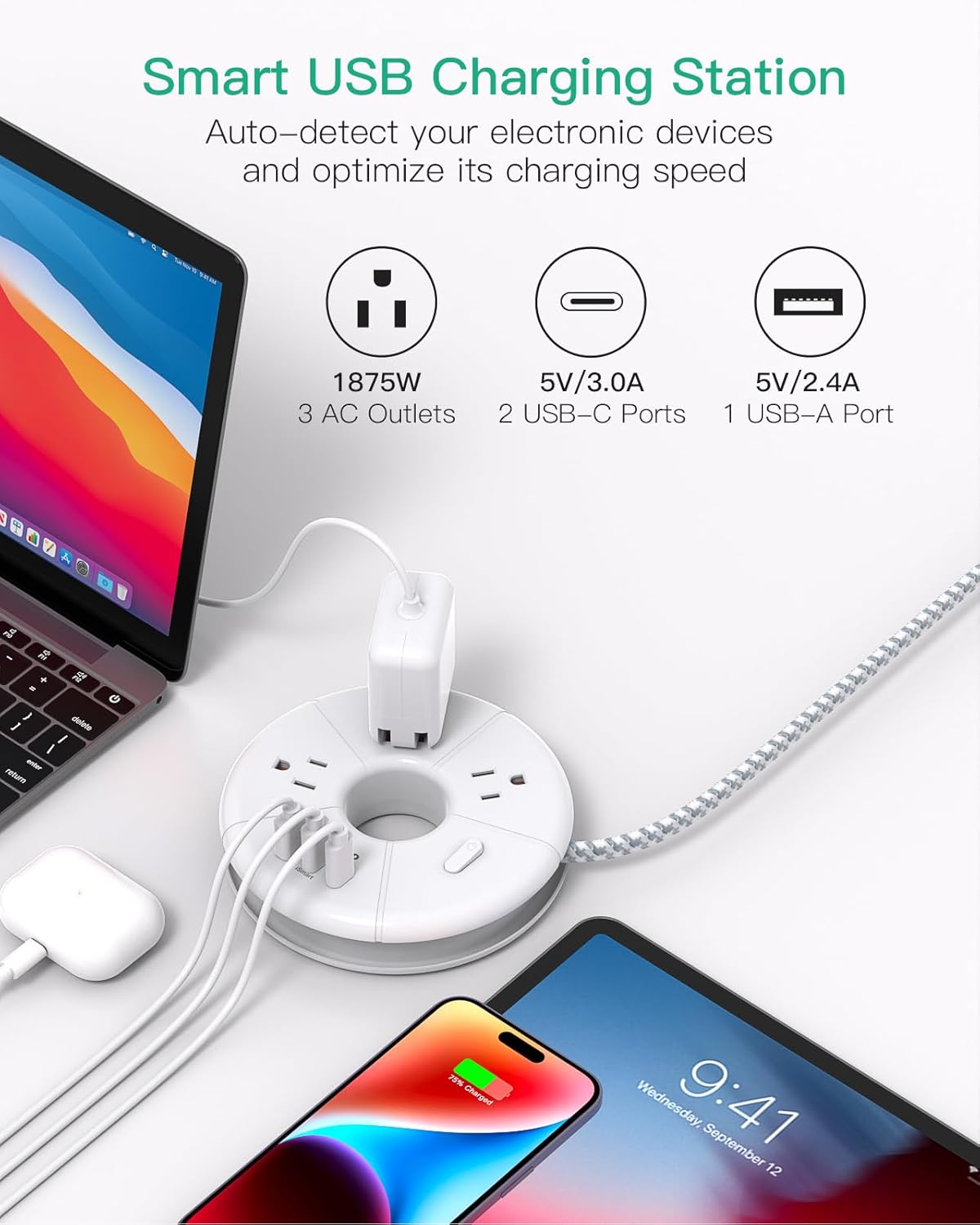 5FT Flat Extension Cord with USB C Power Strip - Your Ultimate Travel Companion with 3 AC Outlets & 3 USB Ports for Effortless Charging in Dorms, Nightstands, and on the Go