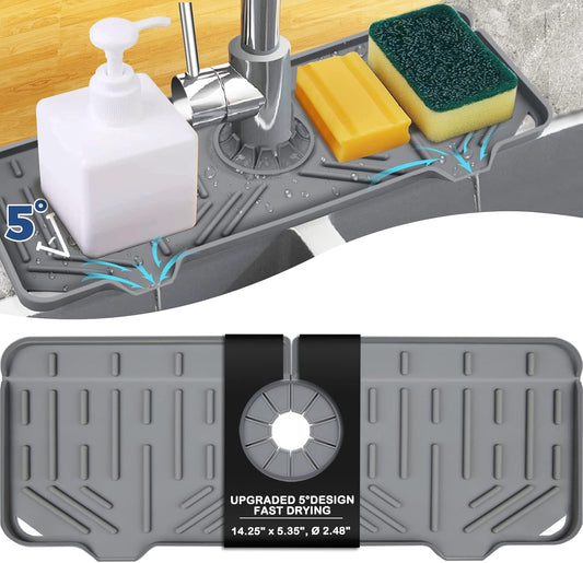 Transform Your Kitchen with the Stylish Silicone Faucet Handle Drip Catcher Tray Mat - The Ultimate Splash Guard and Sponge Holder in Grey