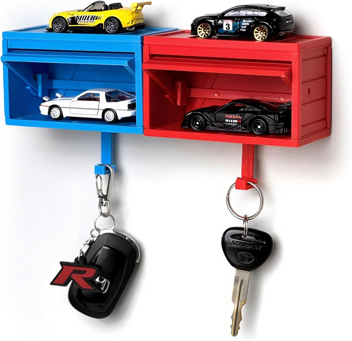 Transform Your Space with the 2-Pack Wall-Mounted Car Key Holder – Fun 3D Garage Design for Easy Key Organization in Red and Blue!