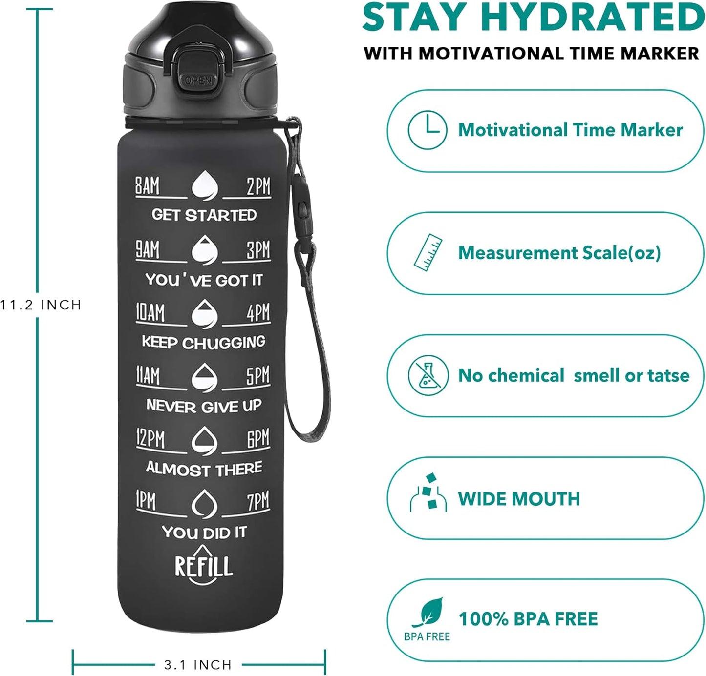 Stay Hydrated in Style: 32 Oz Motivational Water Bottle with Time Markers, Leakproof Design, and Convenient Straw for Fitness and Outdoor Adventures