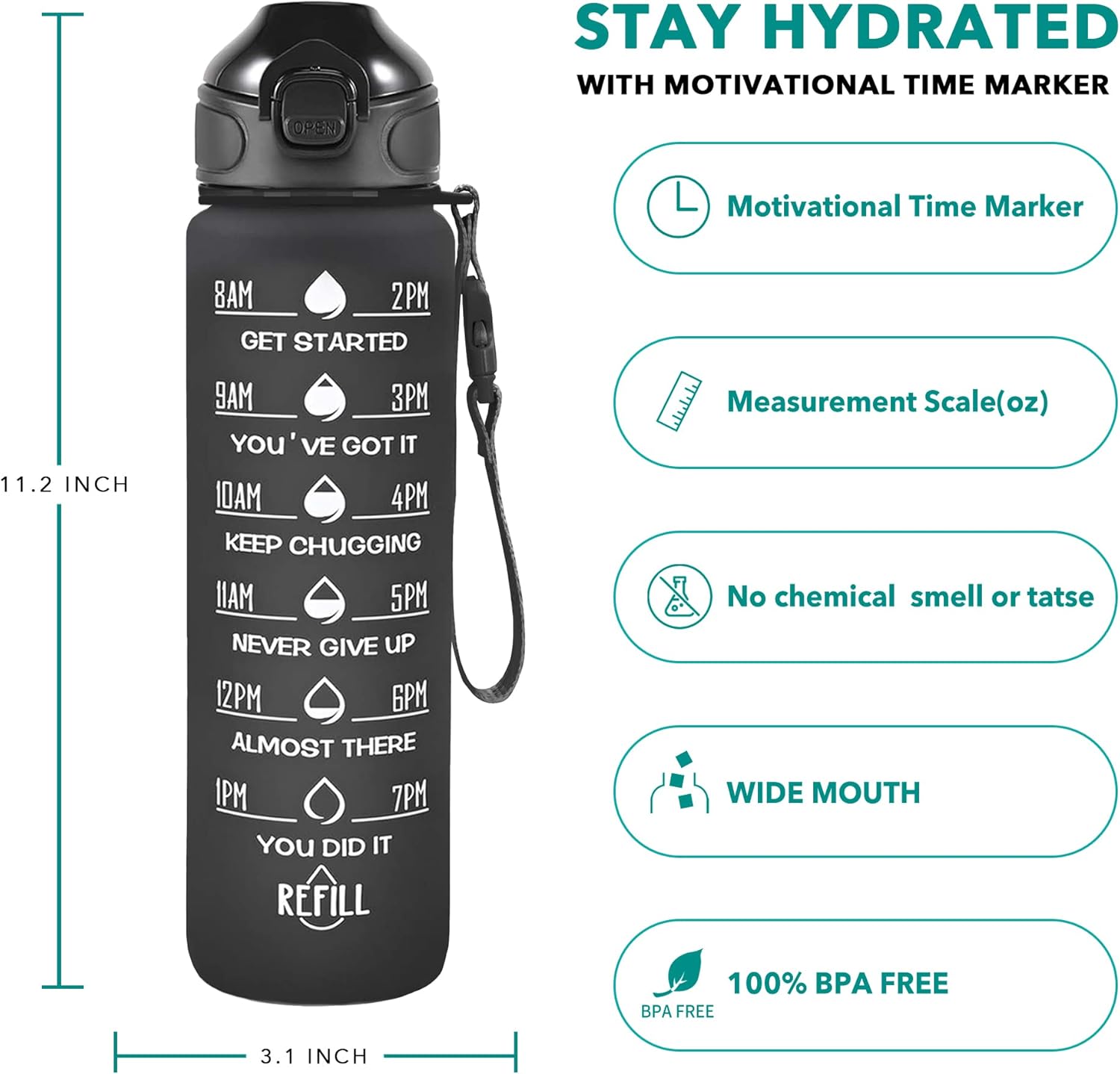 Stay Hydrated in Style: 32 Oz Motivational Water Bottle with Time Markers, Leakproof Design, and Convenient Straw for Fitness and Outdoor Adventures