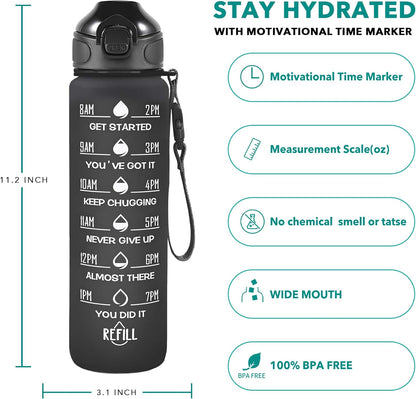 Stay Hydrated in Style: 32 Oz Motivational Water Bottle with Time Markers, Leakproof Design, and Convenient Straw for Fitness and Outdoor Adventures