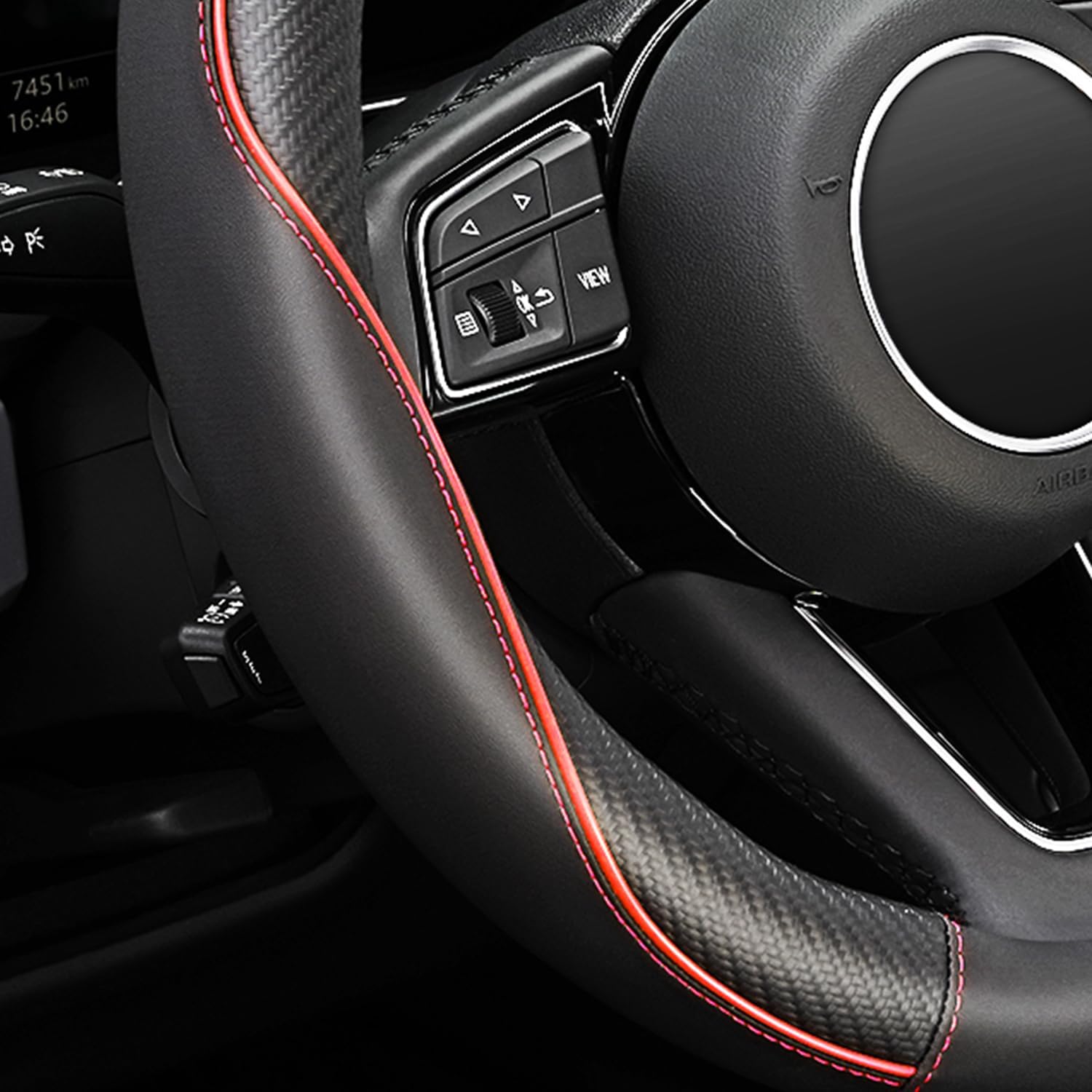 Transform Your Drive with Our Premium Soft Microfiber Leather Anti-Slip Steering Wheel Cover - Universal 15 Inch Fit for All Cars, SUVs, Vans, and Trucks in Sleek Black with Eye-Catching Red Accent