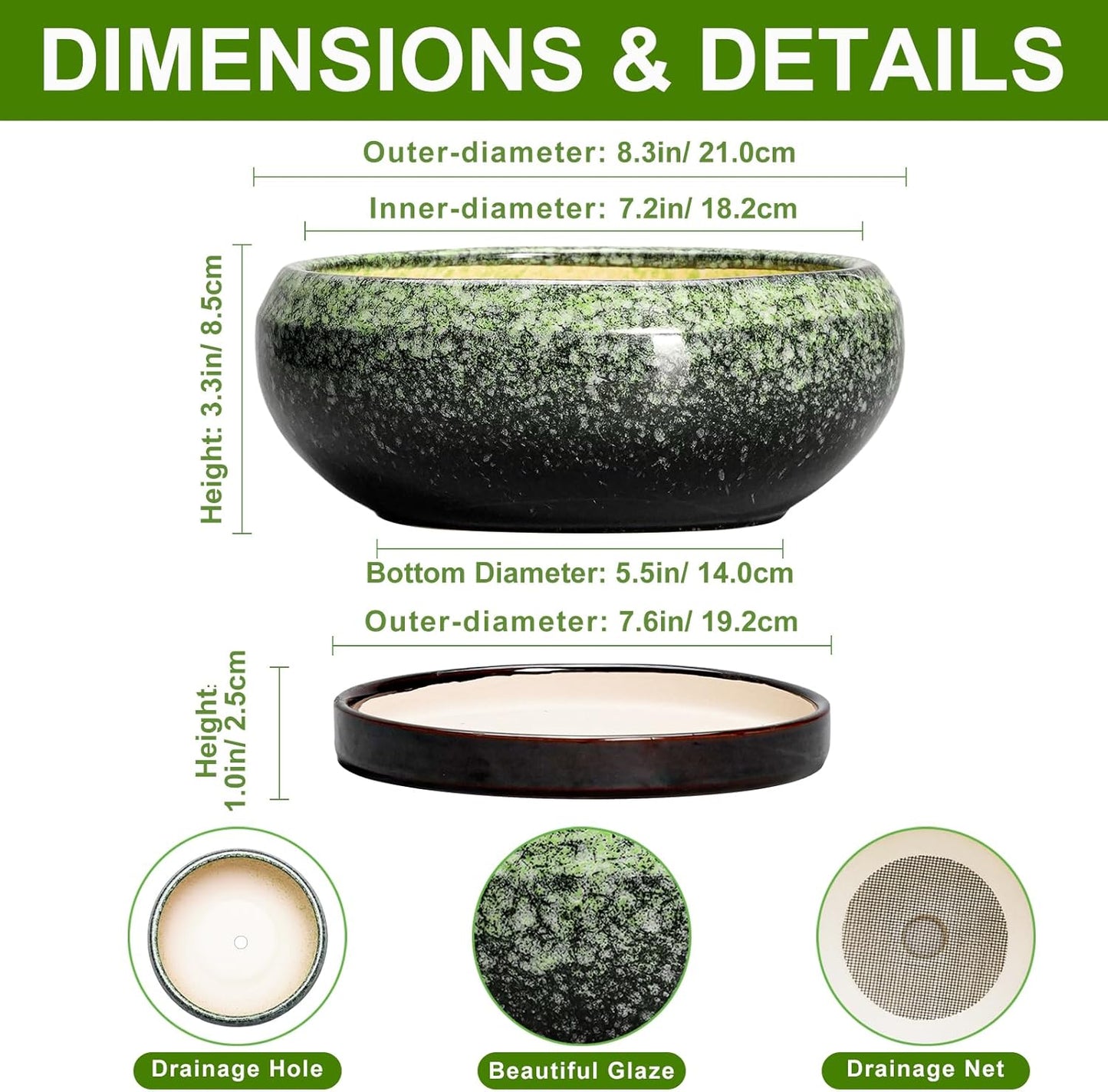 Transform Your Space with Our Elegant 8-Inch Retro Green Ceramic Bonsai Pot - Ideal for Succulents and Indoor/Outdoor Decor, Complete with Drainage and Saucer