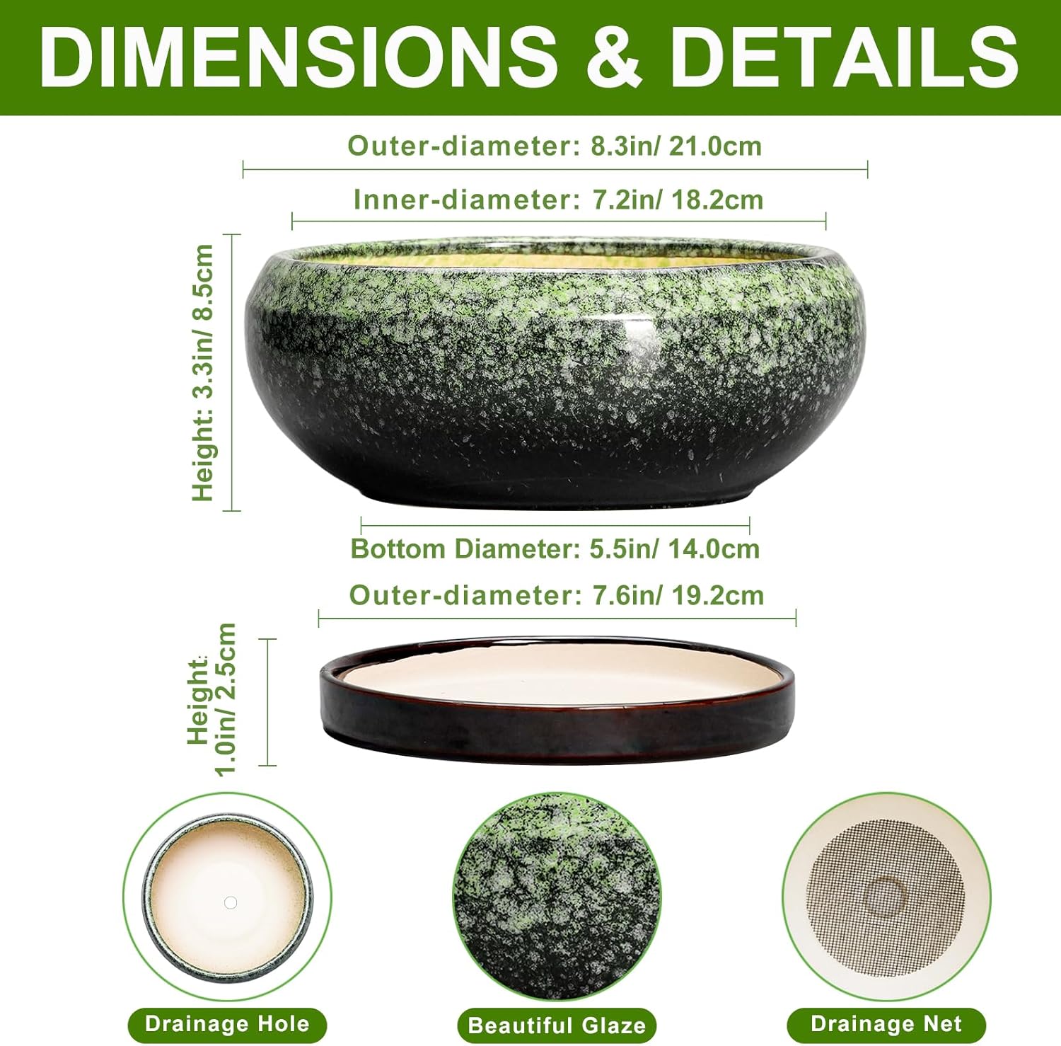 Transform Your Space with Our Elegant 8-Inch Retro Green Ceramic Bonsai Pot - Ideal for Succulents and Indoor/Outdoor Decor, Complete with Drainage and Saucer
