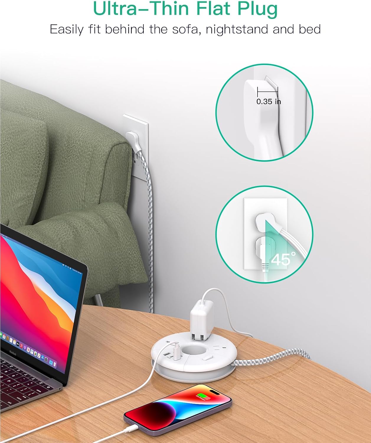5FT Flat Extension Cord with USB C Power Strip - Your Ultimate Travel Companion with 3 AC Outlets & 3 USB Ports for Effortless Charging in Dorms, Nightstands, and on the Go
