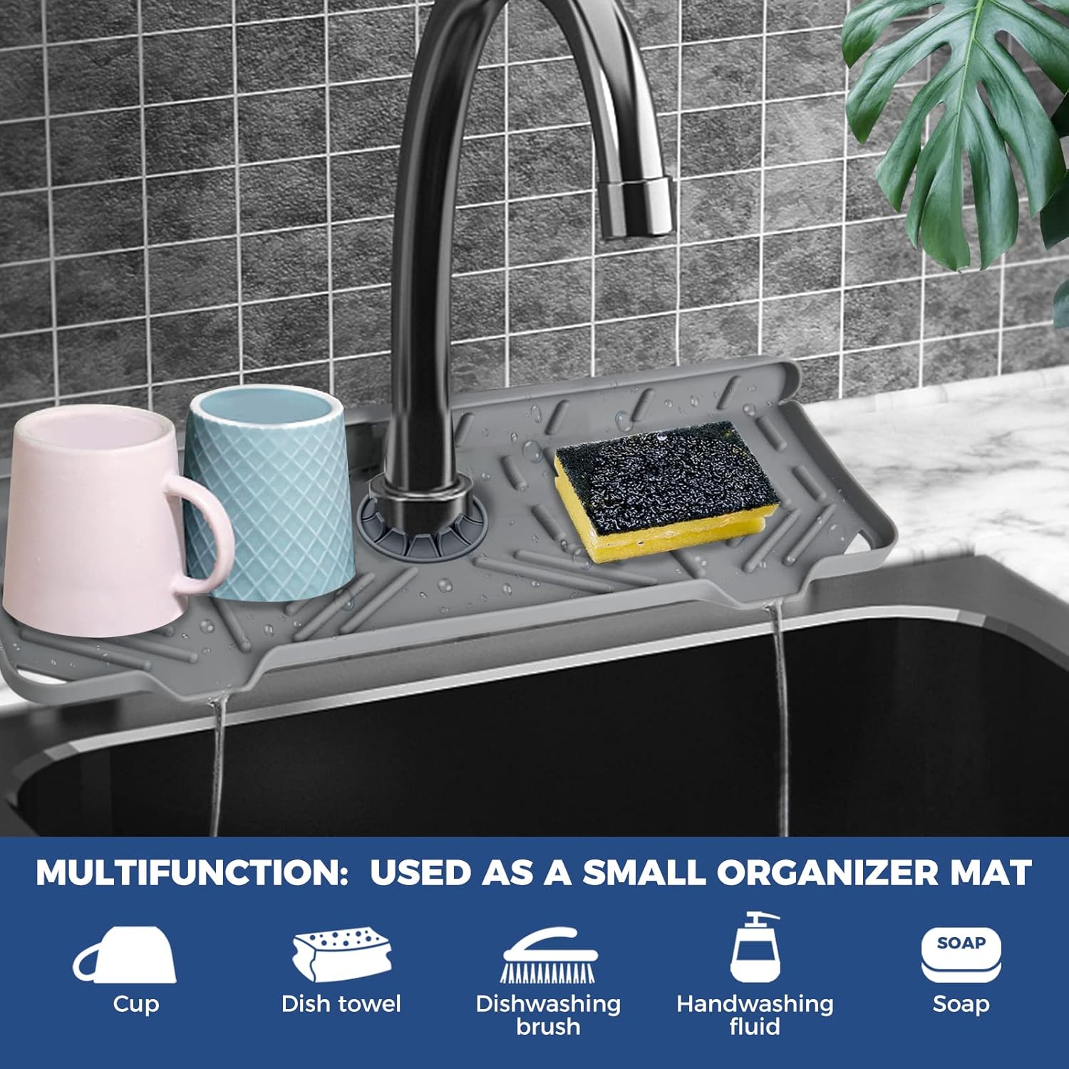 Transform Your Kitchen with the Stylish Silicone Faucet Handle Drip Catcher Tray Mat - The Ultimate Splash Guard and Sponge Holder in Grey