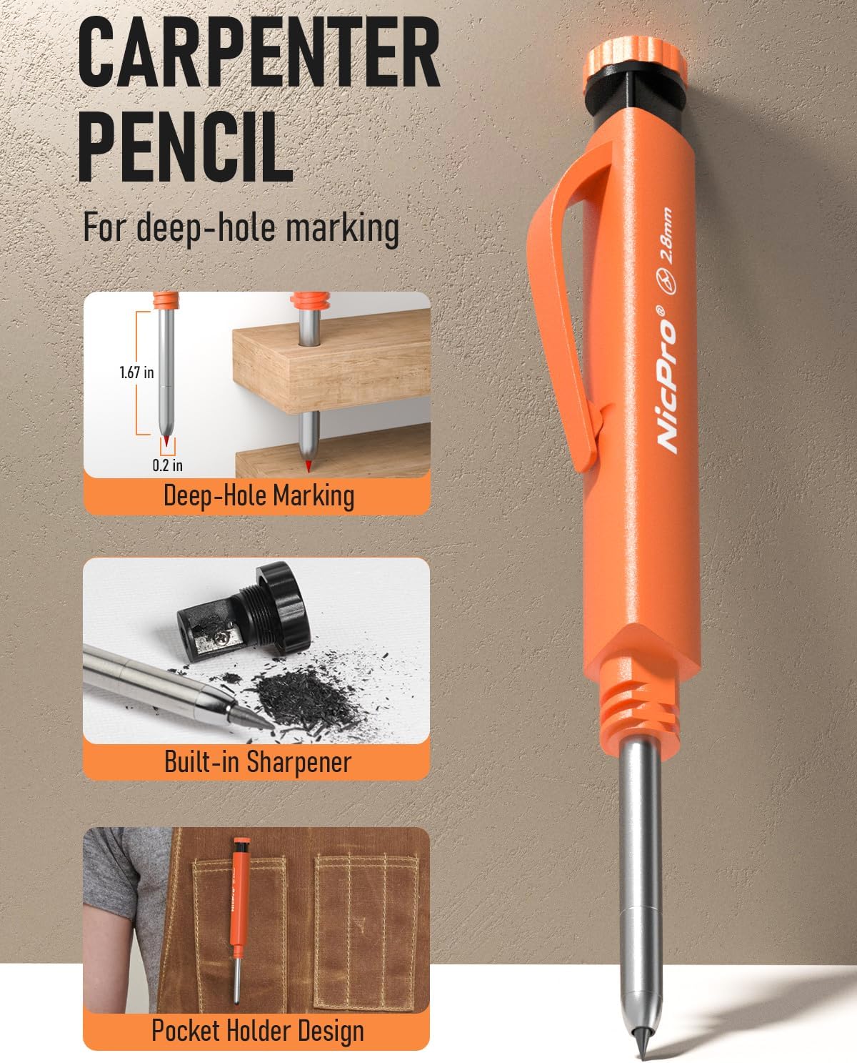 Ultimate 3-in-1 Carpenter Pencil Set - Ergonomic Grip, 13 Refills, Mini Spirit Level & Deep Hole Marker for Precise Woodworking and Architecture!