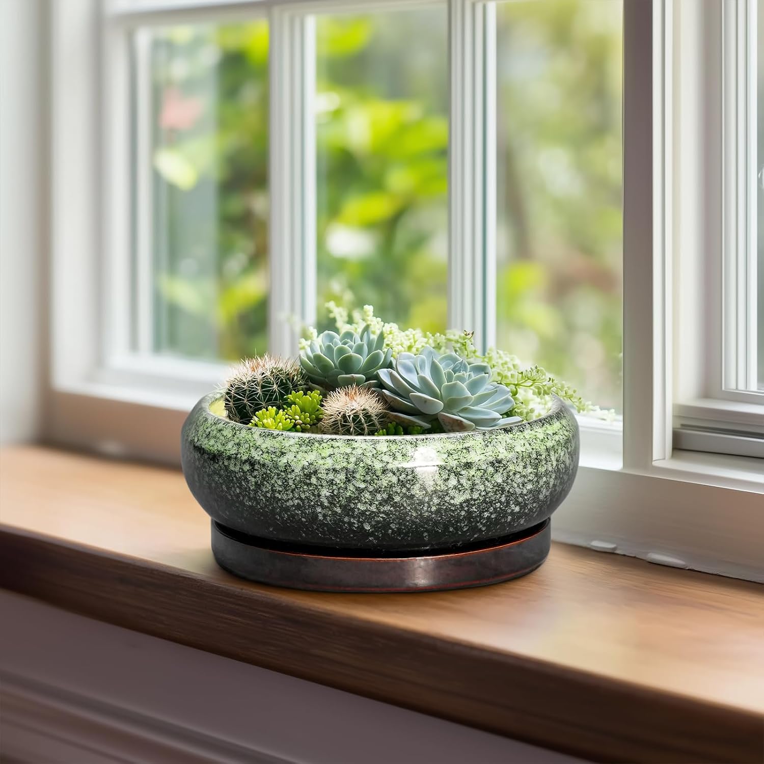 Transform Your Space with Our Elegant 8-Inch Retro Green Ceramic Bonsai Pot - Ideal for Succulents and Indoor/Outdoor Decor, Complete with Drainage and Saucer