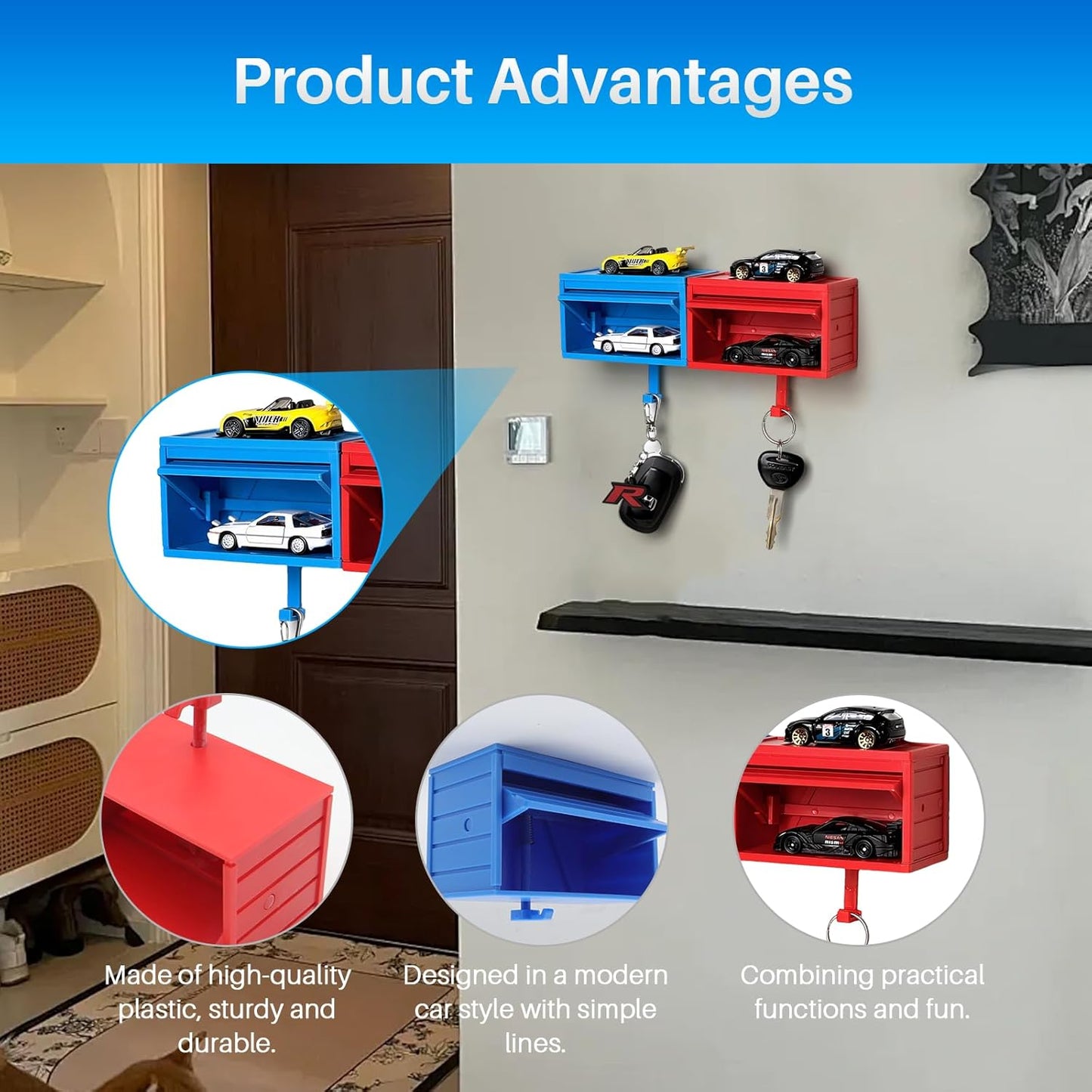 Transform Your Space with the 2-Pack Wall-Mounted Car Key Holder – Fun 3D Garage Design for Easy Key Organization in Red and Blue!