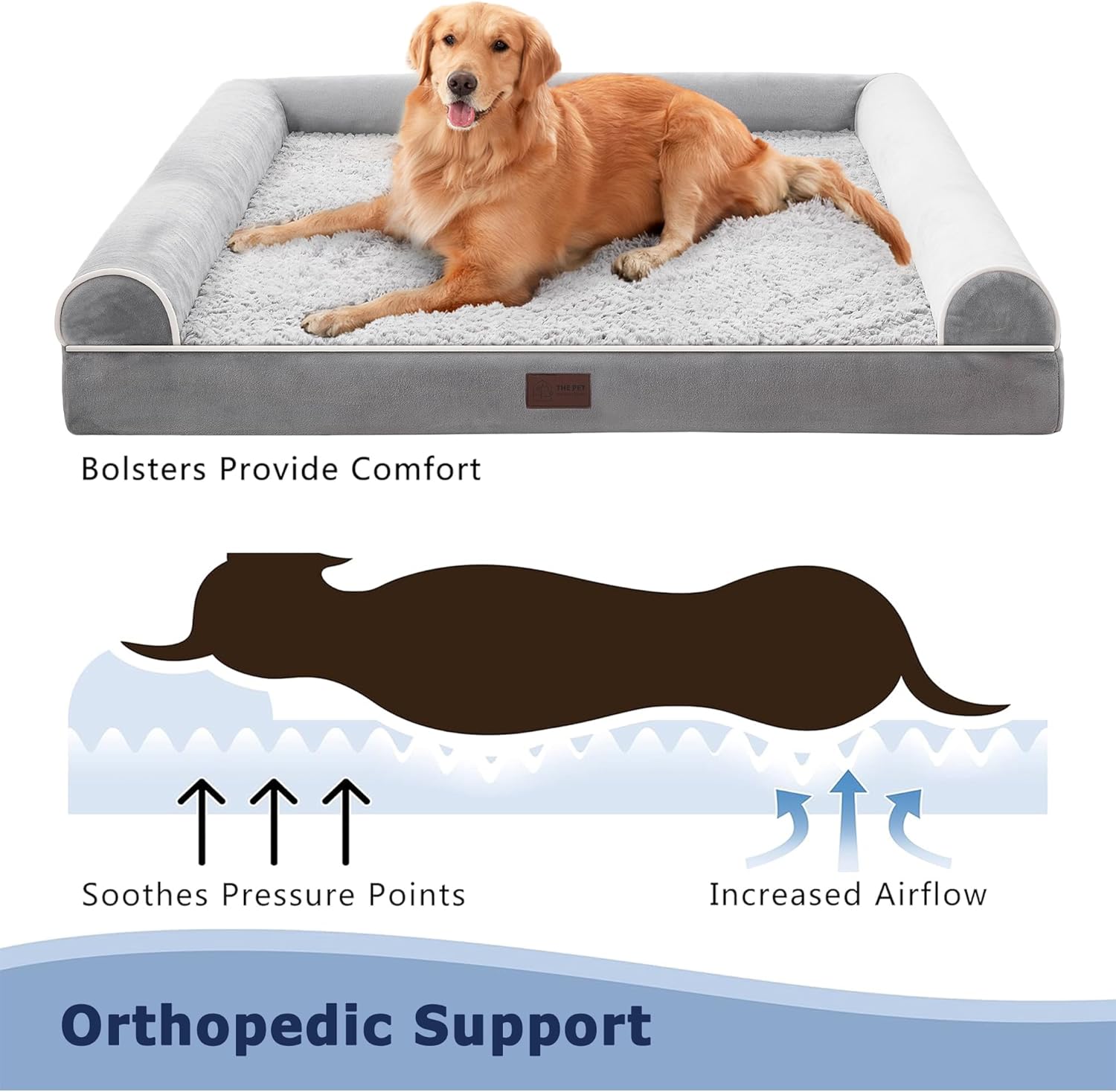 Luxurious Orthopedic Large Dog Bed with Waterproof Lining, Removable Washable Cover, and Non-Skid Bottom in Elegant Grey