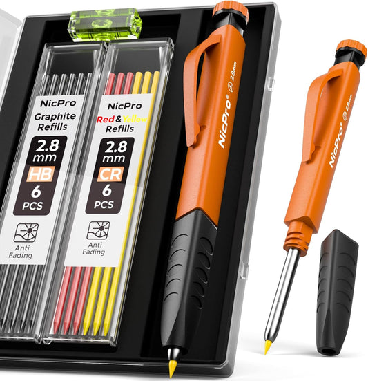 Ultimate 3-in-1 Carpenter Pencil Set - Ergonomic Grip, 13 Refills, Mini Spirit Level & Deep Hole Marker for Precise Woodworking and Architecture!