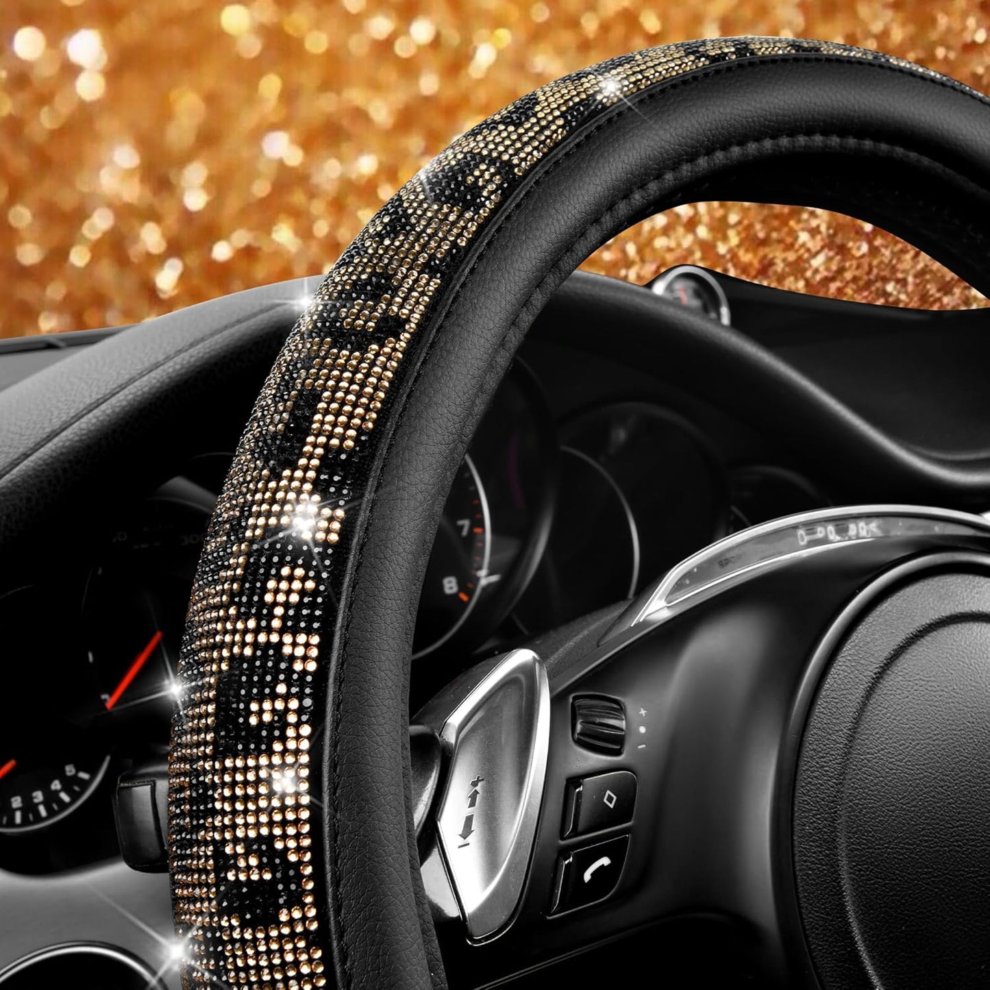 Glamorous Leopard Diamond Steering Wheel Cover - Sparkling Rhinestones & Luxurious Black Leather for Cars, SUVs, and Trucks (Fits 14.5"-15")