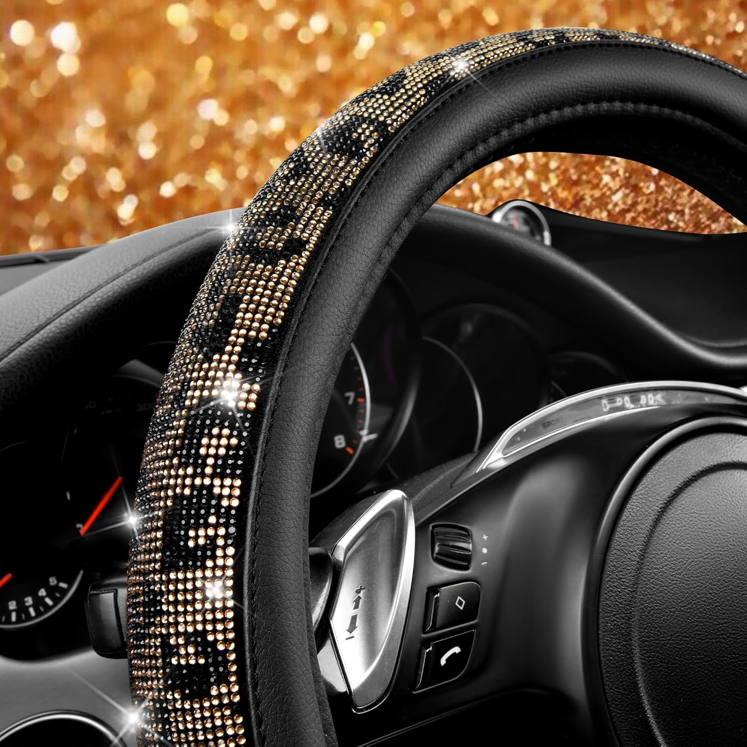 Glamorous Leopard Diamond Steering Wheel Cover - Sparkling Rhinestones & Luxurious Black Leather for Cars, SUVs, and Trucks (Fits 14.5"-15")