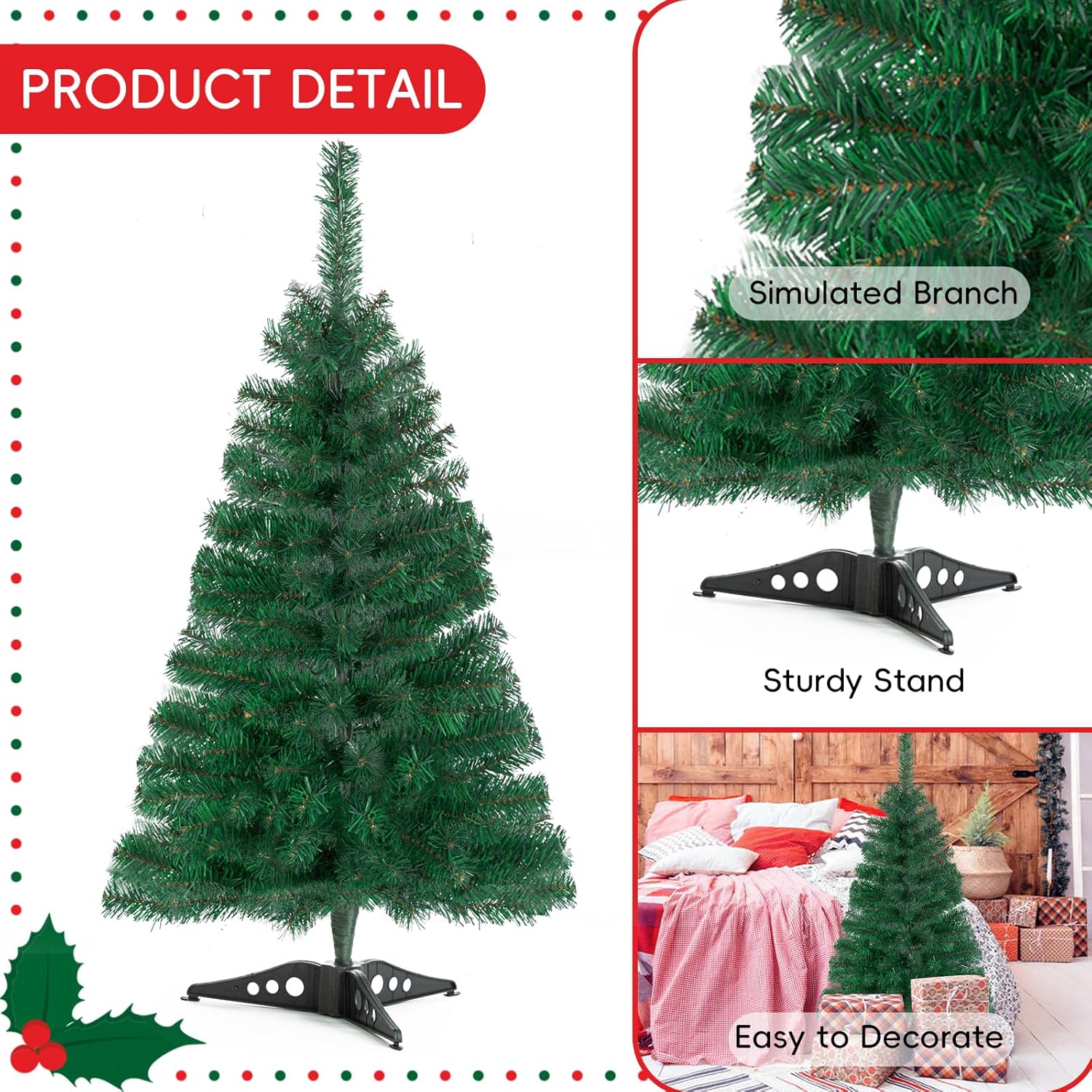 Charming 3FT Mini Green Artificial Christmas Tree with Sturdy Stand for Festive Indoor and Outdoor Holiday Decor