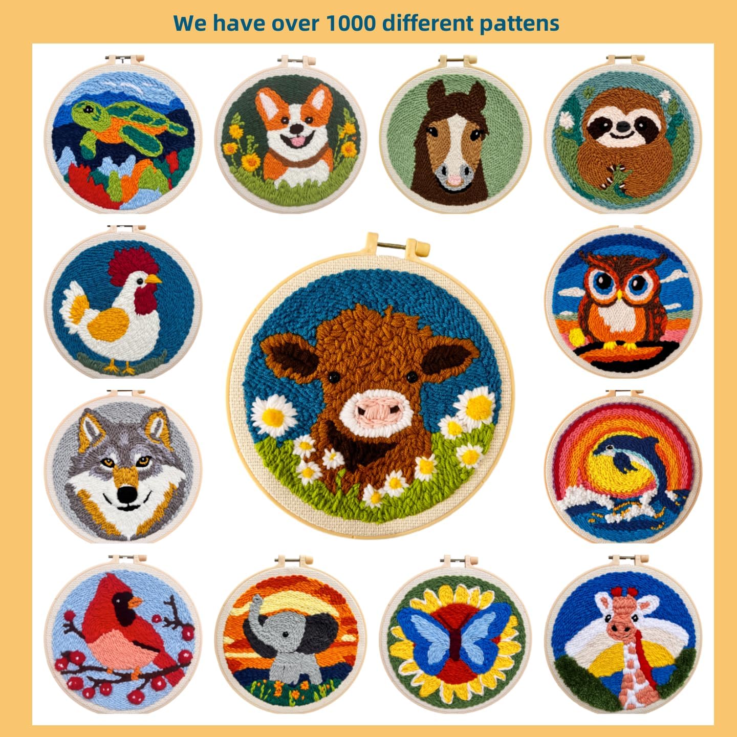 Create Beautiful Art with Our Beginner-Friendly DIY Punch Needle Kit - Cartoon Highland Cow with Daisy Flower - Perfect for Adults and Kids, Ideal for Gifts and Home Décor (20x20 cm)